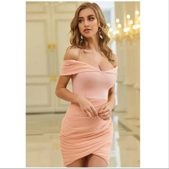 pink off shoulder bodycon dress drop shoulder event party dress ruched front
